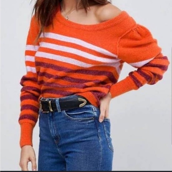 Free People Complete Me Alpaca Blend Orange Plum Striped Long Sleeve Sweater XS - Picture 1 of 7